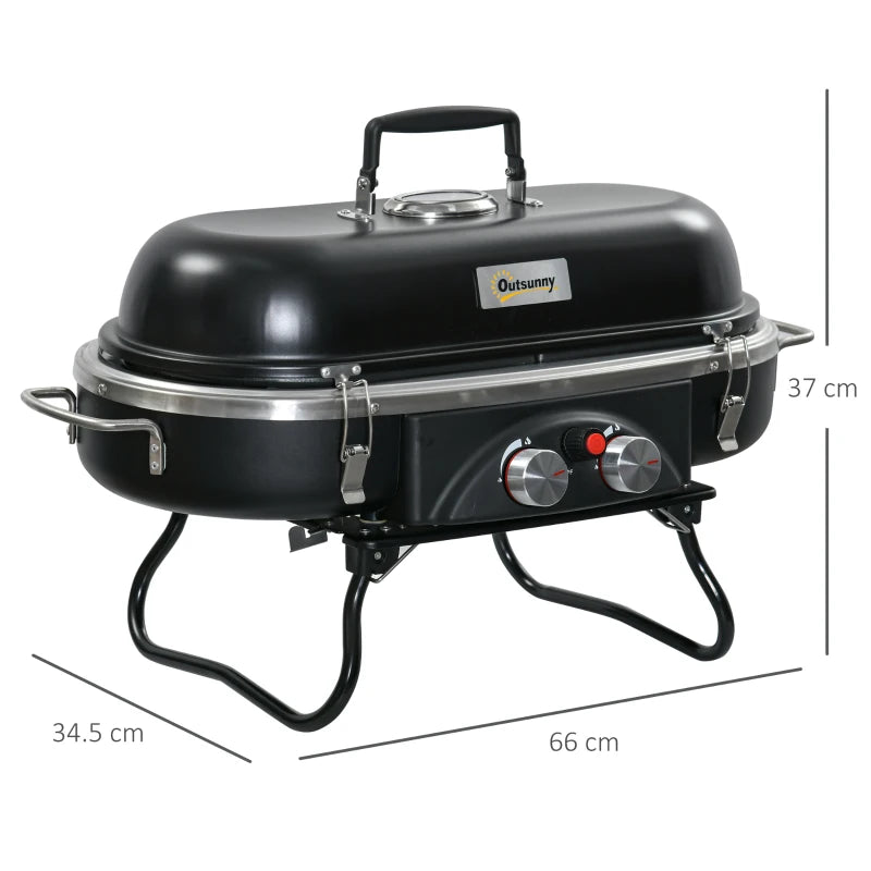Foldable 2-Burner Table Top Gas BBQ Grill with Lid, Thermometer & Piezo Ignition Aluminium
