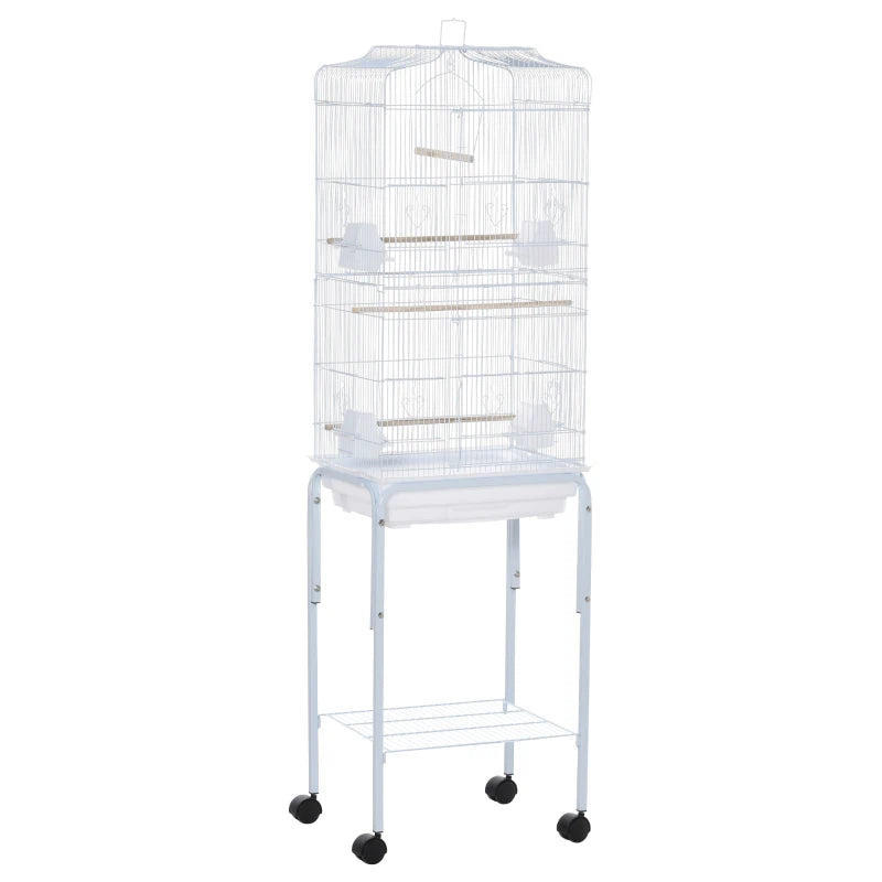 Bird Cage with Stand, Tray & Storage for Budgies – White