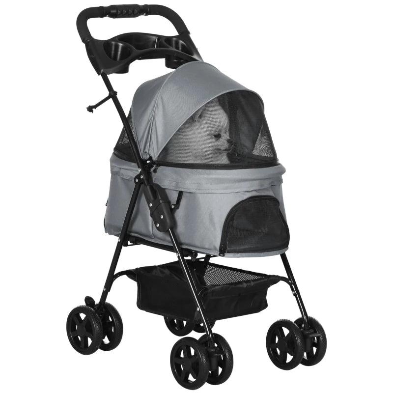Grey Foldable Dog Stroller for Small Dogs with 4 Wheels