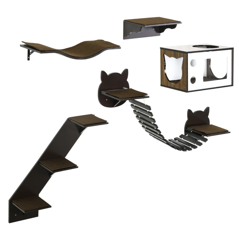 Wall-Mounted Cat Shelves Set – 5 Pieces, Brown