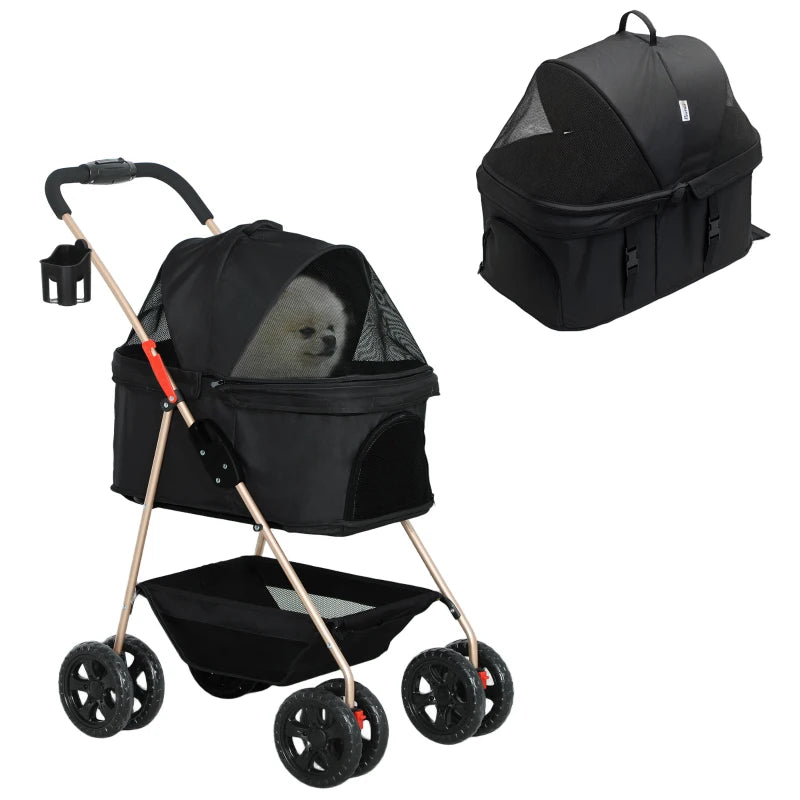 Pet Stroller with Removable Carrier – 4-Wheel, Black