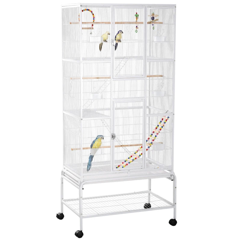 Spacious White Bird Cage with Wheels, Toys & Perches