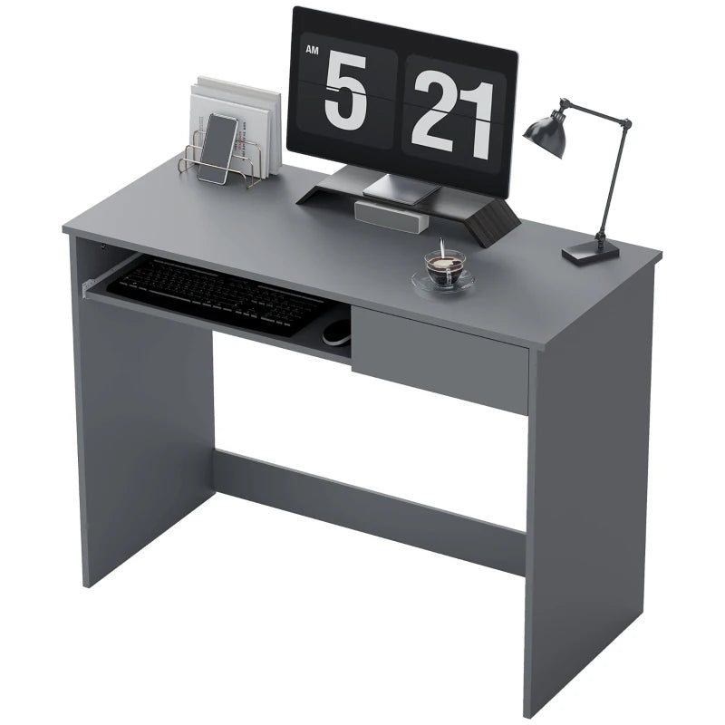 Grey Computer Desk – Compact with Sliding Keyboard Tray & Drawer