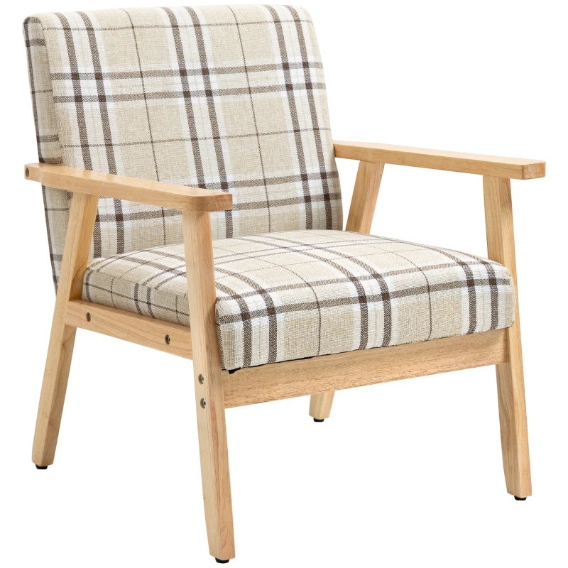 Upholstered Beige Armchair with Lattice Pattern & Wood Frame, Modern