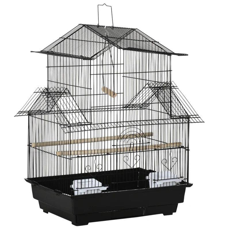 Bird Cage with Swing, Feeder & Tray – Metal, Black, 63 cm Tall