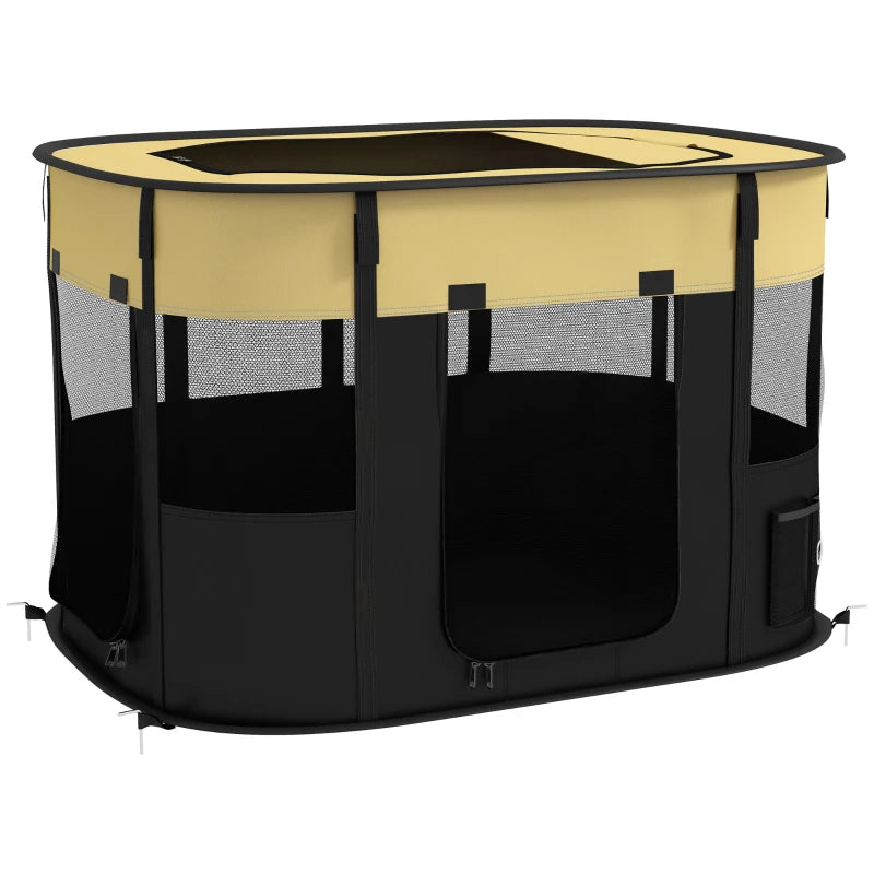 Dog Pen with Ground Stakes & Storage Bag – Foldable, Yellow