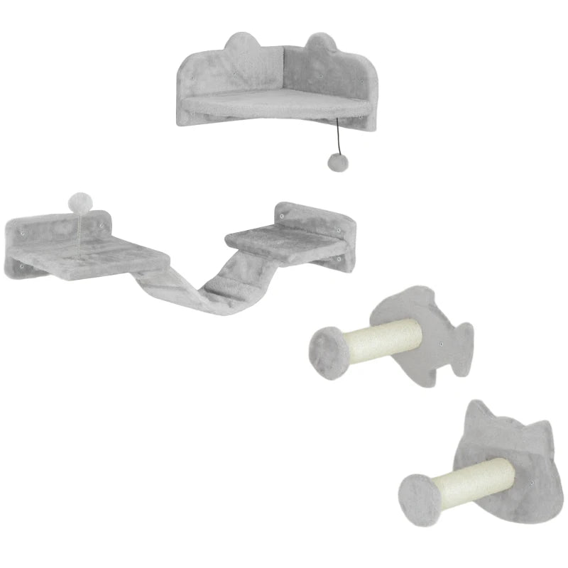 Cat Wall Shelves Set – Ladder, Platforms & Steps, Light Grey