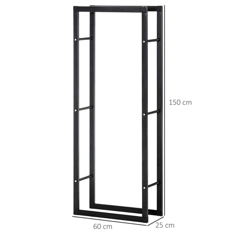 Tall Firewood Rack Metal Log Holder for Fireplace Indoor Outdoor, Black, 60x25x150 cm