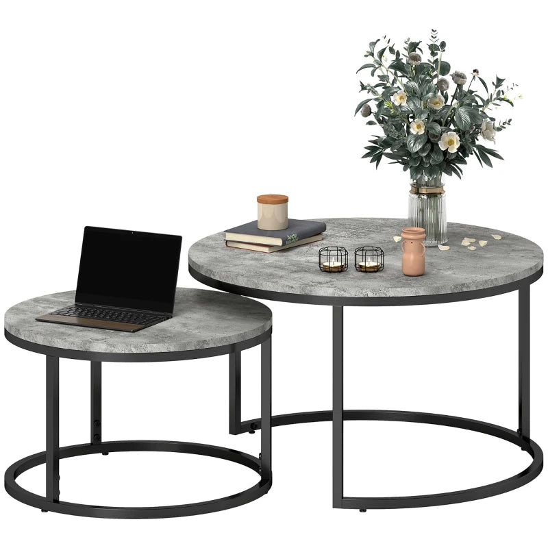 Modern Nesting Tables – Set of 2, Grey Marble Look with Black Base