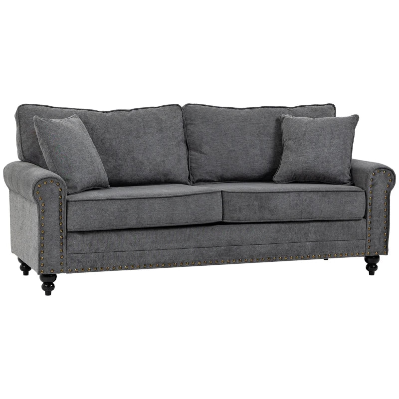3-Seater Upholstered Sofa with Rubber Wood Legs, Nailhead Trim, Grey