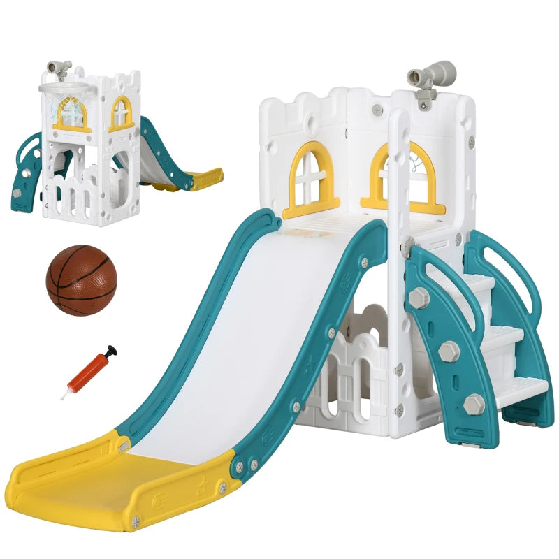 5-in-1 Toddler Slide with Basketball Hoop, Climber, Telescope & Storage – Yellow