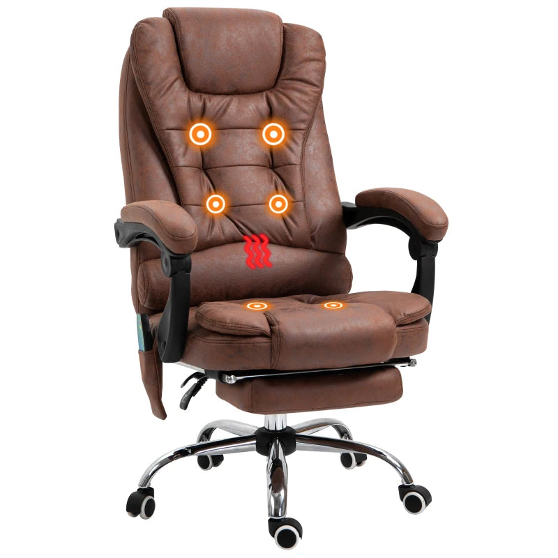 Heated Massage Executive Office Chair – 6-Point Vibration, Recliner with Footrest, Brown