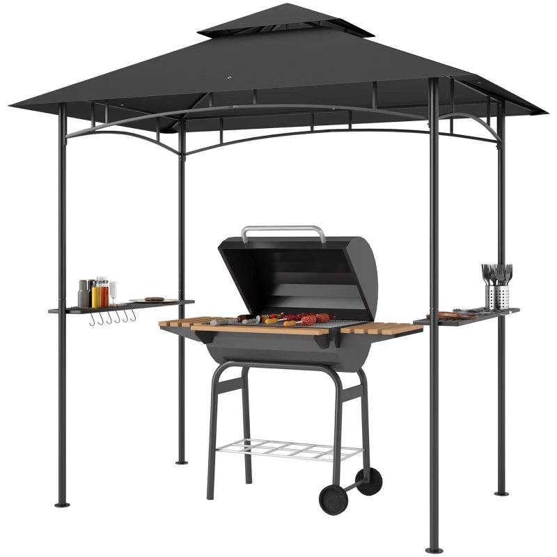 Double Tiered BBQ Grill Gazebo Canopy with LED Lights, Side Shelves & Hooks, Dark Grey, 8x5ft
