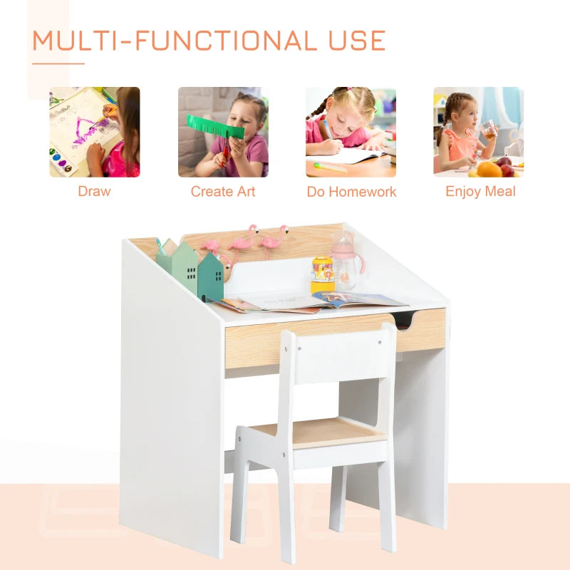 Kids Study Desk Set with Chair, Drawer & Bookshelf, for 3 to 6 Year Olds