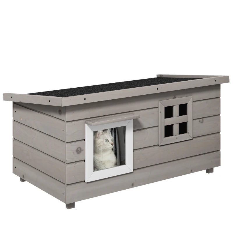 Wooden Outdoor Cat House with Elevated Design & Asphalt Roof – Grey
