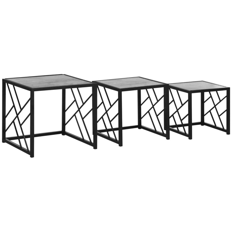 Set of 3 Grey Nesting Side Tables with Black Metal Frame for Home