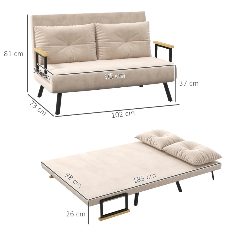 Double Velvet Sofa Bed with Pillows – 4-in-1 Convertible, Beige