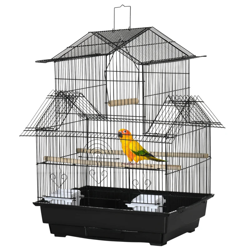 Bird Cage with Swing, Feeder & Tray – Metal, Black, 63 cm Tall