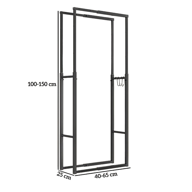 Metal Firewood Rack Set of 2 with Retractable Design and Hooks, Black, 65x25x150 cm
