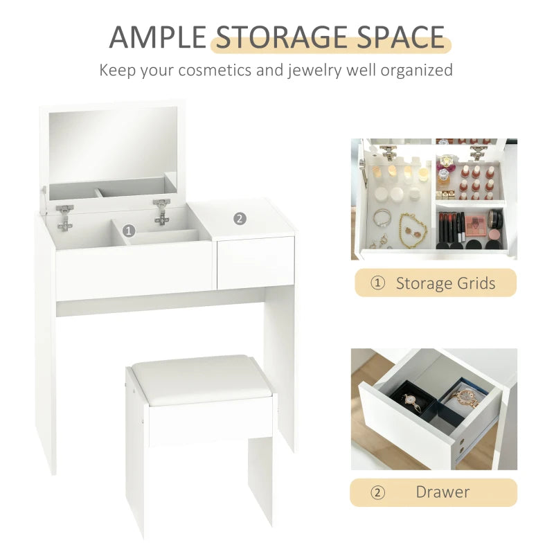 White Vanity Desk with Flip-Up Mirror, Drawer & Comfortable Stool