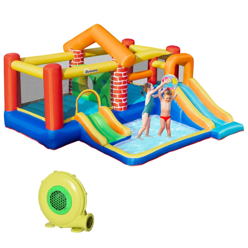 4-in-1 Kids Inflatable Bouncy Castle with Double Slides, Trampoline, Climbing Wall & Pool