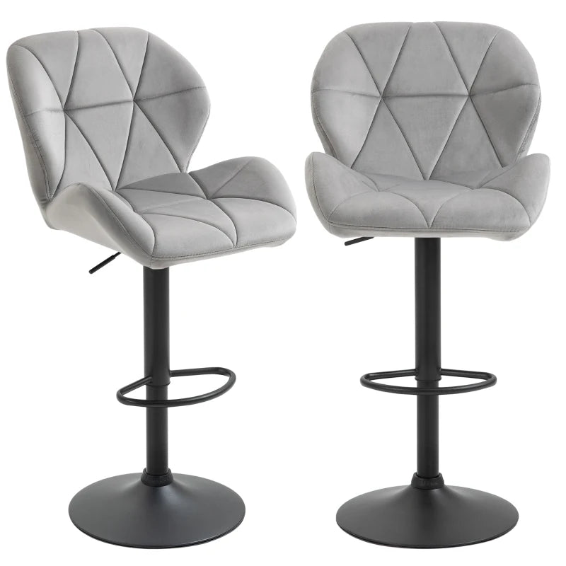 Adjustable Bar Stools Set, 2 Light Grey Swivel Chairs with Back/Footrest