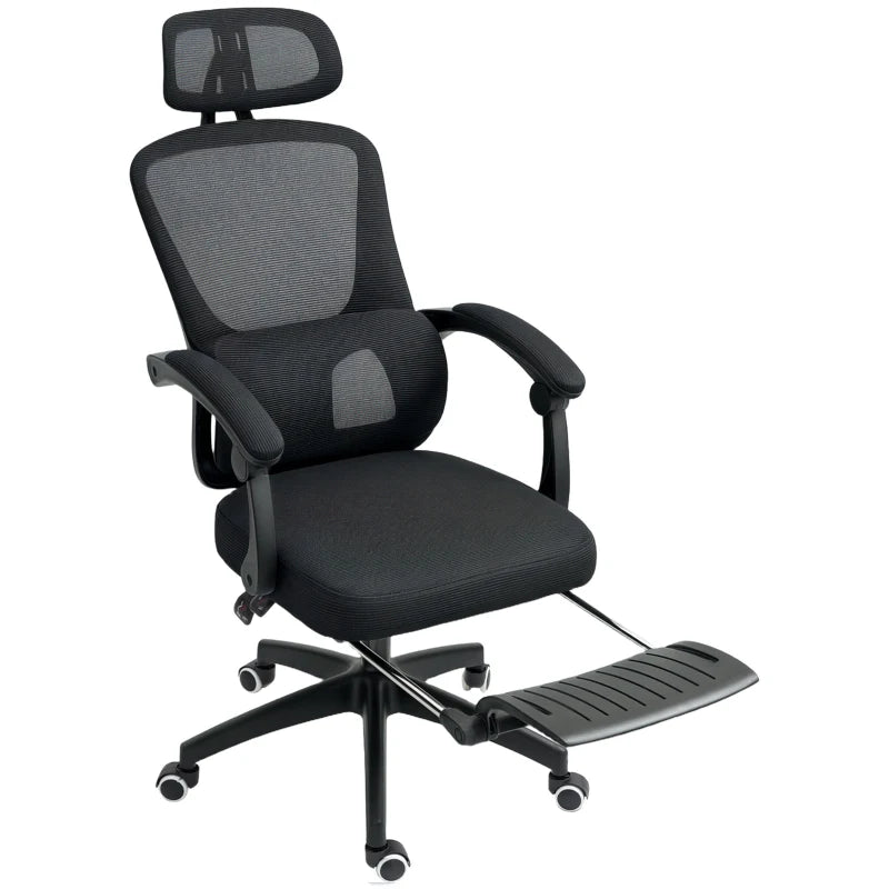 Reclining Mesh Desk Chair with Footrest & Adjustable Lumbar – Black