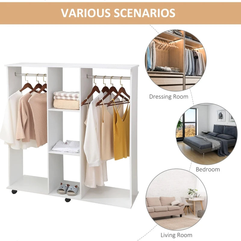 Open Wardrobe Storage – Double Shelves, White, 6 Wheels Mobile