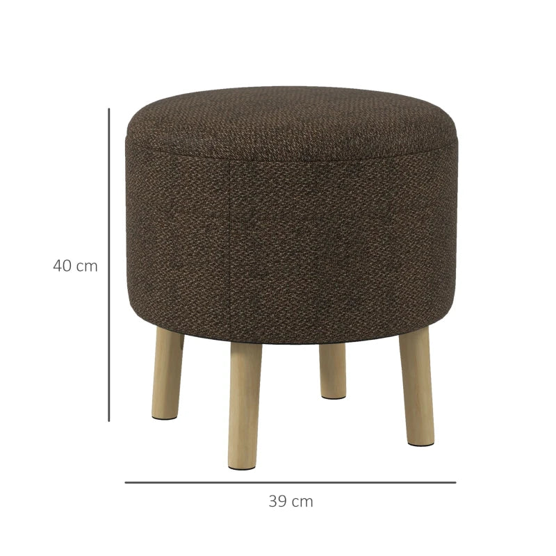 Linen Fabric Ottoman Stool, Round with Storage & Wooden Legs