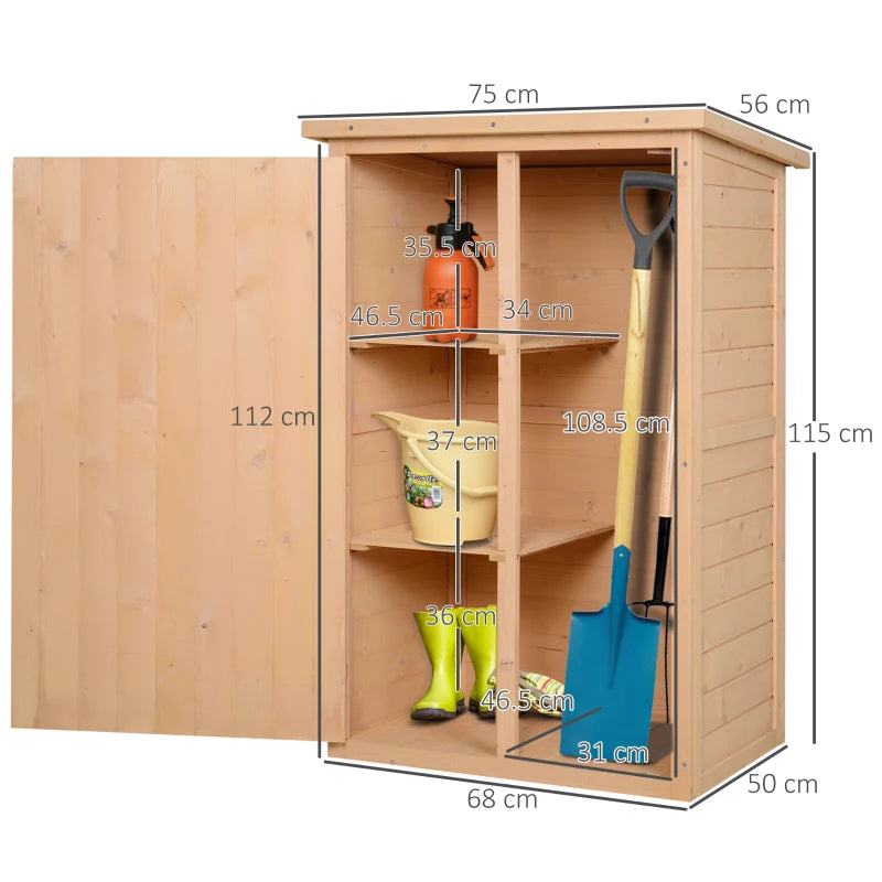 Wooden Garden Storage Shed with Shelves & Bolt Latch, Compact 75x56x115 cm – Natural