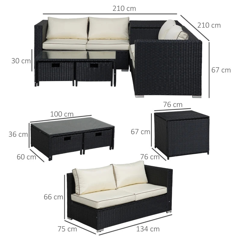 Black Rattan Corner Sofa Set with Storage, Coffee Table & Cushions 4-Seater, 4-Piece