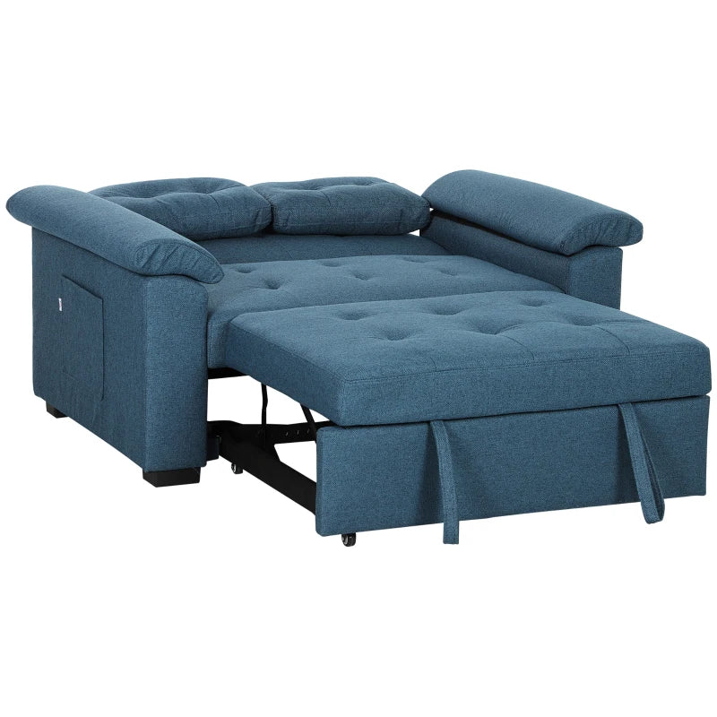 Pull-Out Sofa Bed – Blue 2-Seater Click-Clack Couch with Pillows & Storage