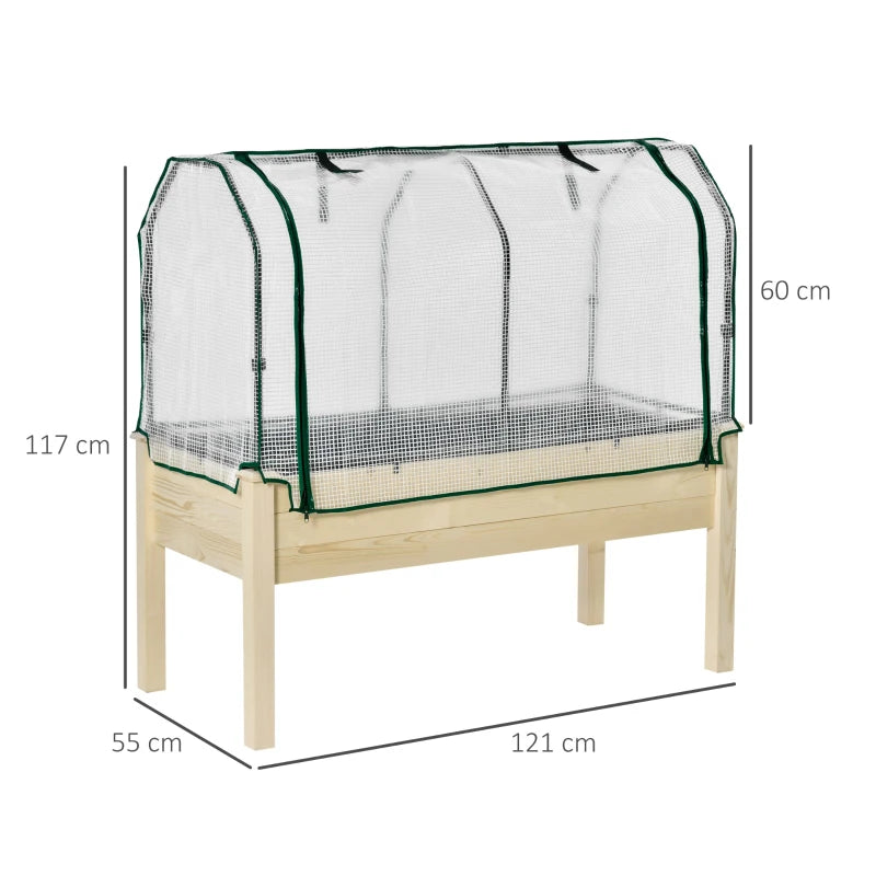 Outdoor Raised Garden Bed with PE Cover, Elevated Wooden Planter Box, Natural Finish
