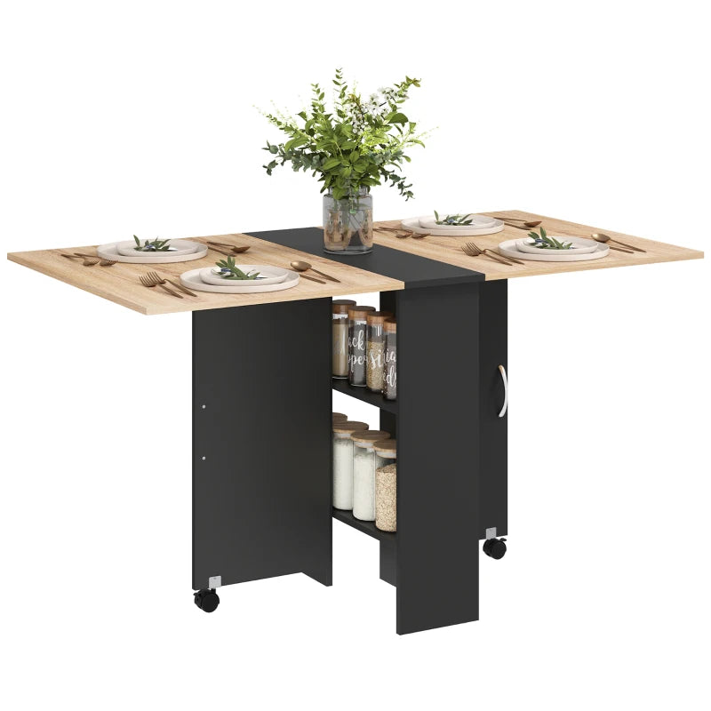 Folding Dining Table with Oak Top, Drop Leaf & 2 Shelves on Casters