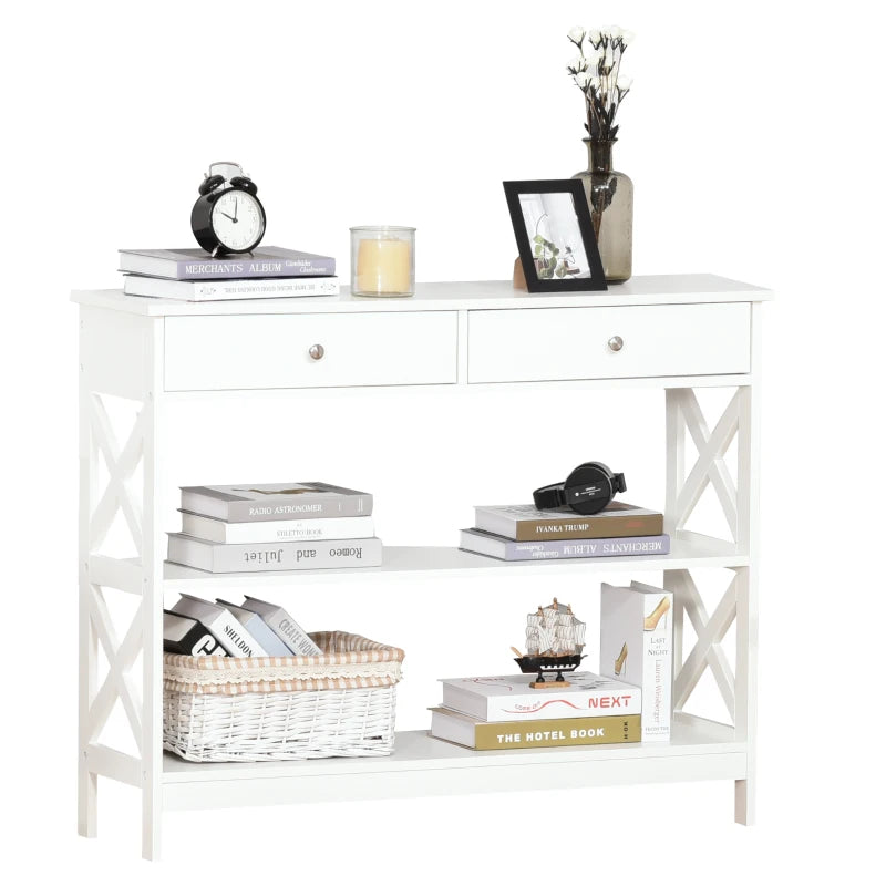 Living Room Console Table Side Desk with Storage & X Frame, White