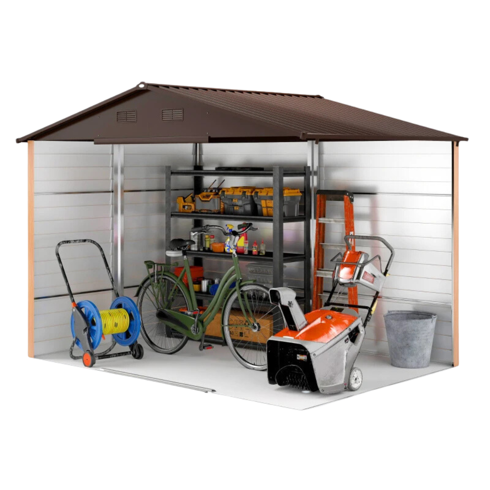 Metal Garden Shed – 9x6ft Galvanized Steel Outdoor Storage with Brown Wood-Effect Finish