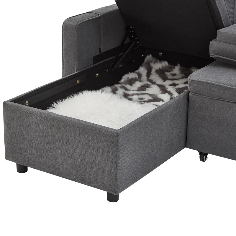 Grey L-Shaped Sleeper Sofa with Storage and Reversible Chaise, Compact