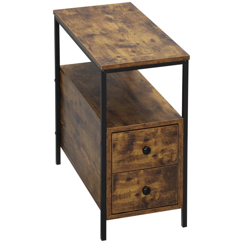 Small Space Side Table, 2 Drawers & Shelf, Industrial Rustic Brown