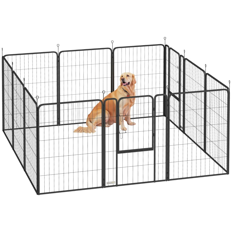 12-Panel Large Dog Playpen with Doors – 100cm Tall Solid Black Exercise Pen