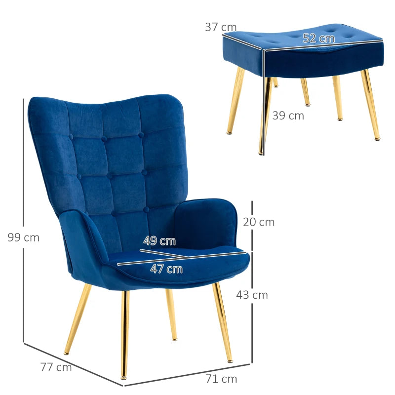 Dark Blue Velvet Armchair with Footstool, Steel Legs, Wingback