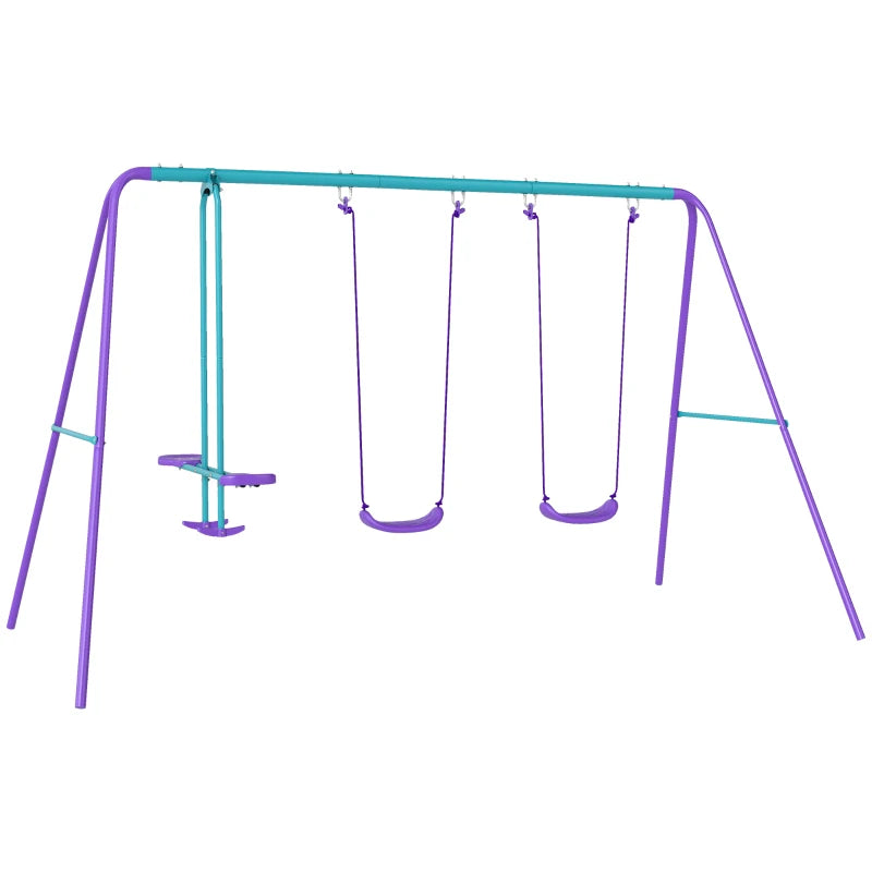Sturdy Metal Swing Set with Adjustable Height Seesaw for Children 3+ | Purple