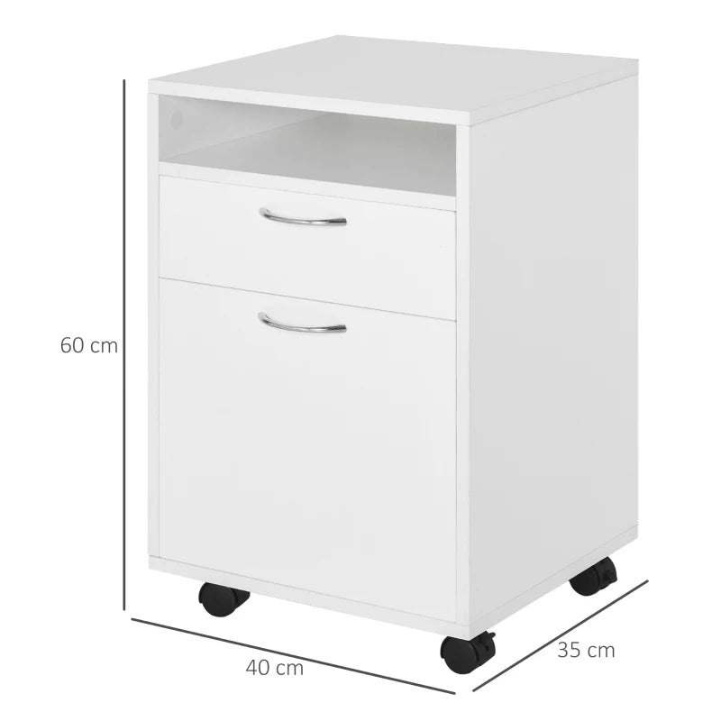 Mobile Filing Cabinet – Drawer, Shelf & 4 Wheels, White