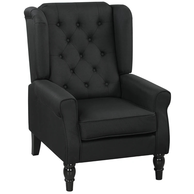 Linen Retro Wingback Chair – Black Tufted Accent Armchair with Wood Frame