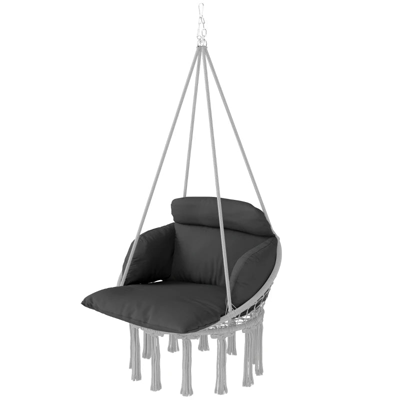 Dark Grey Hanging Hammock Chair with Soft Cushion Cotton Rope Swing for Garden Use