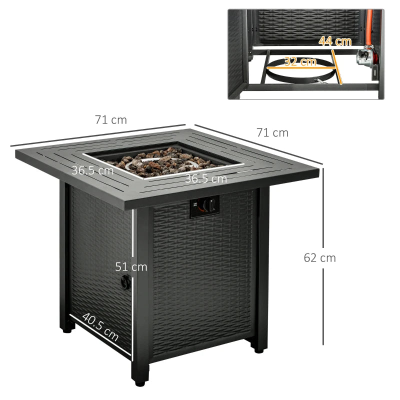 Black Rattan Gas Fire Pit Table with Protective Cover, Lava Rocks & Lid, 40,000 BTU, 71x71x62cm