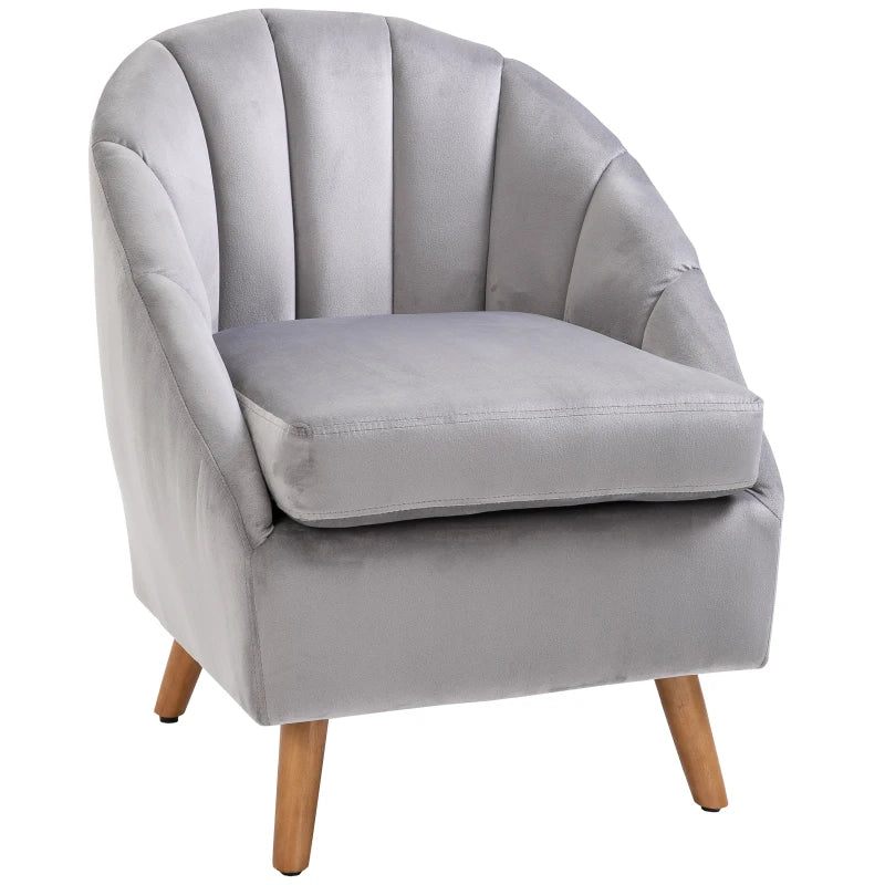 Upholstered Velvet Armchair with Side Arms – Grey, Solid Wood Legs