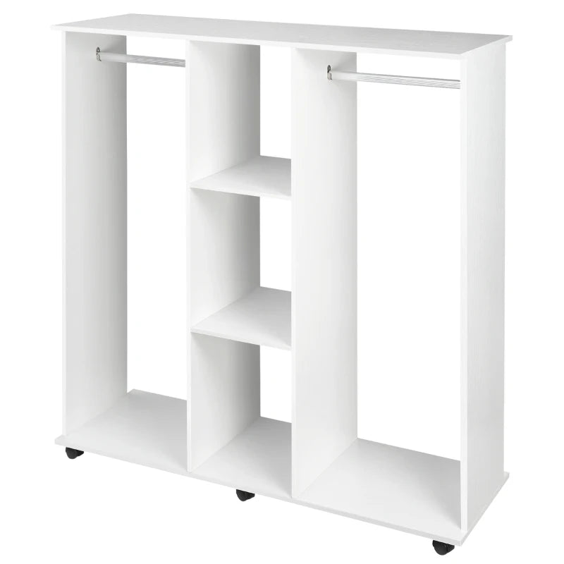 Open Wardrobe Storage – Double Shelves, White, 6 Wheels Mobile