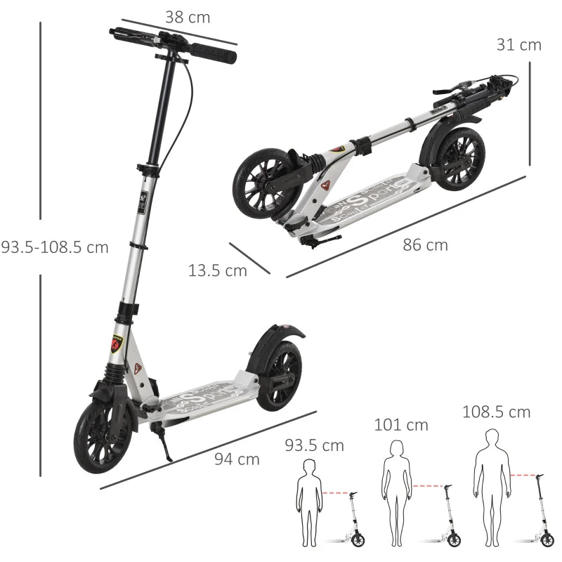 Foldable Kick Scooter – Aluminium Frame, Shock Mitigation, Silver