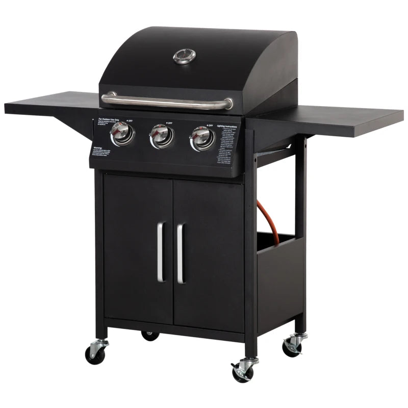 3 Burner Gas BBQ Grill with Thermometer, Side Shelves & Cabinet – Outdoor, Black Steel