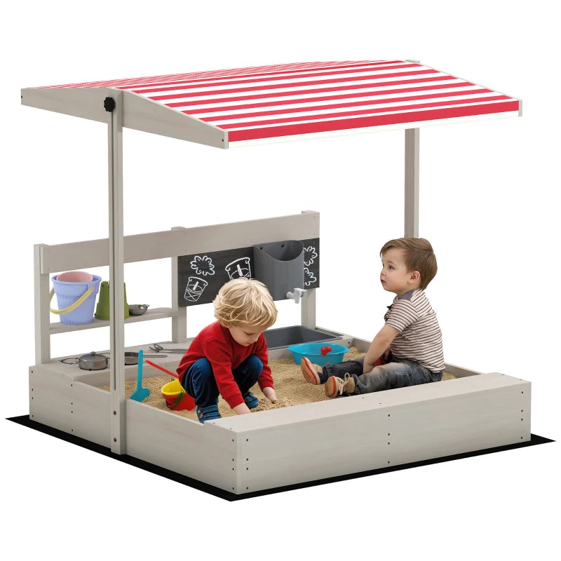 Wooden Sandbox with Canopy, Storage, Seat & Play Kitchen Toys for Ages 3 to 7